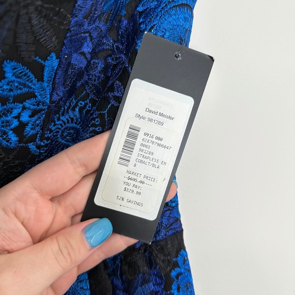 David Meister Women's Strapless Floral Lace Cobalt Blue Black Ballgown Dress 8 - Picture 5 of 10